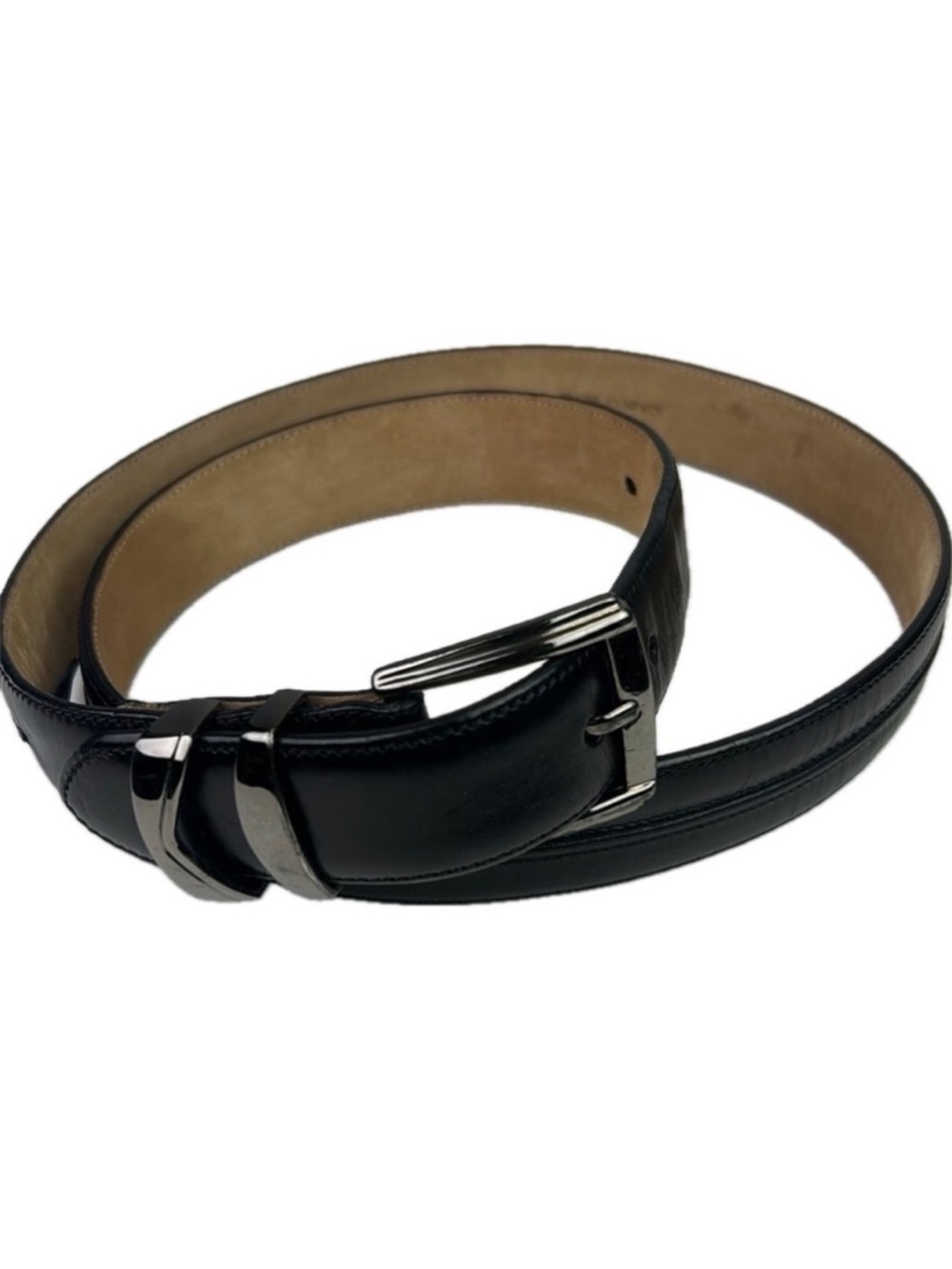 Mezlan Designer Black Leather Belt Silver Metal Buckle Made in Spain
